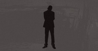 Gri arkaplan üzerinde fotokopi alanı olan iş adamının siluetine çizilmiş doku. iş kavramı