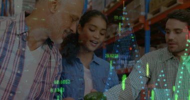 Depodaki insanların finansal veri işleme görüntüsü. küresel taşımacılık, iş ve finans kavramı dijital olarak oluşturulmuş görüntü.