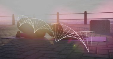 Gezintide yoga yapan Afro-Amerikan formda bir kadına karşı DNA yapısı. tıbbi araştırma ve yoga konsepti