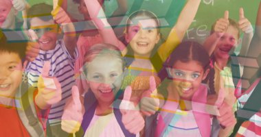 Kitapların mutlu okul çocuklarının üzerinden geçerken başparmak kaldırması. Çocuk kitabı günü, okuma ve eğitim konsepti dijital olarak oluşturulmuş görüntü.