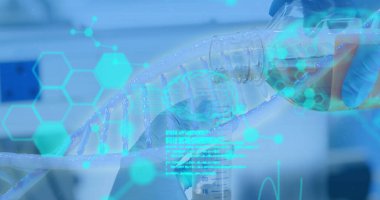 DNA iplikçikleri üzerinde bilimsel veri işleme görüntüsü. küresel bilim, araştırma, veri işleme ve dijital arayüz kavramı dijital olarak oluşturuldu.