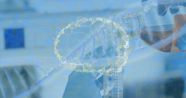 Laboratuvar test tüpü üzerinde DNA ipliği ve insan beyni. küresel bilim, araştırma, veri işleme ve dijital arayüz kavramı dijital olarak oluşturuldu.