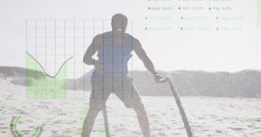 Sahilde egzersiz yapan Afrikalı Amerikalı bir adamın veri işleme görüntüsü. sağlık ve zindelik kavramı dijital olarak oluşturulmuş görüntü.