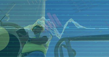 Rüzgar türbini üzerinde istatistik ve veri işleme görüntüsü ve mavi zemin üzerinde mühendis. Çevre, yenilenebilir enerji ve sürdürülebilirlik kavramı dijital olarak oluşturulmuş görüntü.