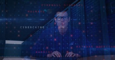 Erkek hackerlar ve bilgisayar sunucuları üzerinden siber saldırı uyarısı ve veri işleme görüntüleri. küresel çevrimiçi güvenlik, veri işleme ve dijital olarak oluşturulan siber suç kavramı.