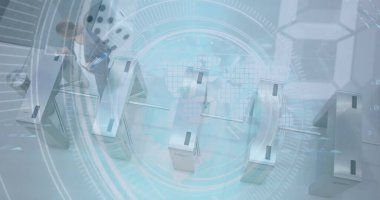 Ofiste yürüyen çeşitli iş kadınlarının veri işleme görüntüsü. küresel iş, finans ve dijital arayüz kavramı dijital olarak oluşturulmuş görüntü.