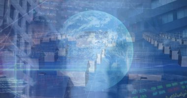 Yürüyen iş adamları üzerinde finansal veri işleme ve küreye dair bir görüntü. küresel iş, finans ve dijital arayüz kavramı dijital olarak oluşturulmuş görüntü.