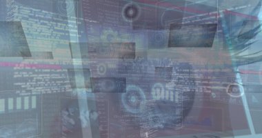 Kadının mavi gözünün üzerinde işlenen veri görüntüsü. küresel hesaplama, teknoloji ve dijital arayüz konsepti dijital olarak oluşturulmuş görüntü.