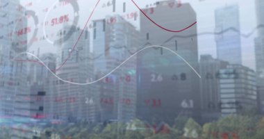 Finansal verilerin ve istatistiklerin şehir arkaplanındaki görüntüsü. dünya işi, finans ve veri işleme kavramı dijital olarak oluşturulmuş görüntü.