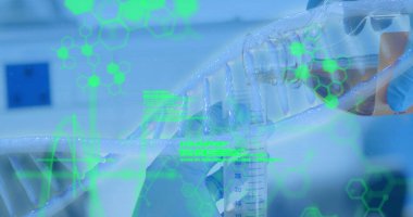 DNA iplikçikleri üzerinde bilimsel veri işleme görüntüsü. küresel bilim, araştırma, veri işleme ve dijital arayüz kavramı dijital olarak oluşturuldu.