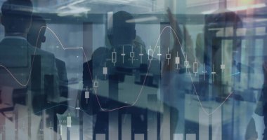 Konferanstaki iş adamlarının istatistiksel işlemleri. küresel iş, veri işleme ve dijital arayüz kavramı dijital olarak oluşturulmuş görüntü.