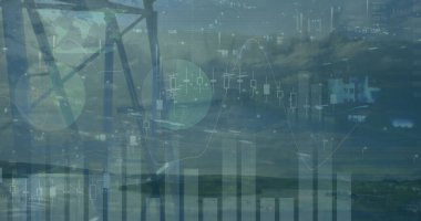 Gün batımında elektrik direğinin üzerindeki grafikler ve finansal veriler. finans, ekonomi ve enerji konsepti dijital olarak oluşturulmuş görüntü.