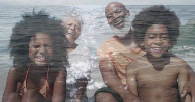 Mutlu Afro-Amerikan ailesinin deniz aşırı sahilde oturduğu görüntüsü. eğlence, tatil ve aile hayatı konsepti dijital olarak oluşturulmuş imaj.