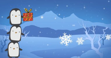 Kar yağışının görüntüsü ve kışın arka planda Noel hediyesi olan üç penguen. dünya penguen günü ve noel konsepti dijital olarak oluşturulmuş görüntü.
