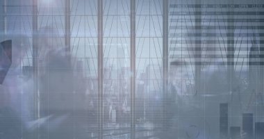 Yürüyen iş adamları üzerinde finansal veri işleme görüntüsü. küresel iş, finans ve dijital arayüz kavramı dijital olarak oluşturulmuş görüntü.