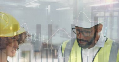 İnşaat alanında konuşan erkek ve kadın mimarların istatistikleri. iş, geliştirme ve üretkenlik kavramı dijital olarak oluşturulmuş görüntü.