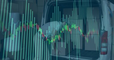 Kafkas kurye paketleme kutuları üzerinden finansal veri işleme görüntüsü. küresel finans, iş ve dijital arayüz kavramı dijital olarak oluşturulmuş görüntü.