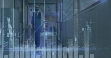 Beyaz iş adamı hakkında istatistik ve finansal veri işleme resmi. iş, finans ve veri işleme kavramı dijital olarak oluşturulmuş görüntü.