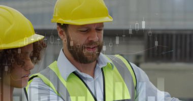 İnşaat alanında konuşan erkek ve kadın mimarların istatistikleri. iş, geliştirme ve üretkenlik kavramı dijital olarak oluşturulmuş görüntü.