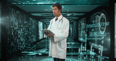 Veri işleme sırasında çift ırklı erkek doktor görüntüsü. küresel tıp, sağlık ve veri işleme kavramı dijital olarak oluşturulmuş görüntü.