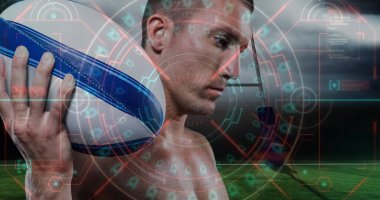 Kafkas erkek ragbi oyuncusunun stadyumda top oynarken görüntüsü. spor ve sosyal medya kavramı dijital olarak oluşturulmuş görüntü.