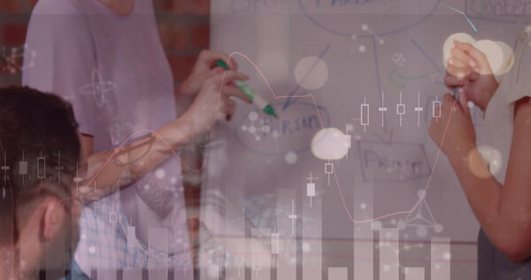 Image of statistics and financial data processing over business people in meeting. global business, data processing and digital interface concept digitally generated image.