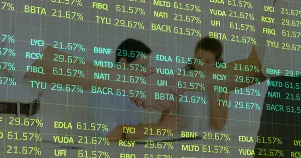 Image of financial data processing over business people shaking hands in meeting. global business, connections and data processing concept digitally generated image.