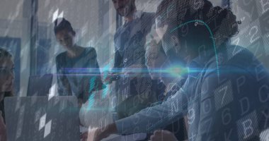 Image of financial data processing over diverse business people in office. global business, finances and digital interface concept digitally generated image.