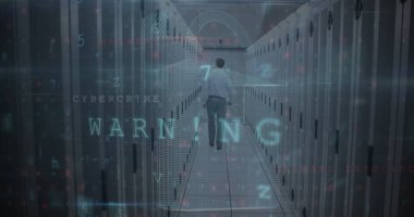 Beyaz adamın sunucu odasında asma kilit ve siber saldırı uyarısı var. küresel internet güvenliği, bağlantılar ve veri işleme kavramı dijital olarak oluşturulmuş görüntü.