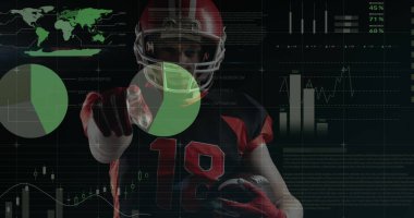 Amerikan futbolcusu yerine dijital arayüz görüntüsü. küresel spor ve veri işleme kavramı dijital olarak oluşturulmuş görüntü.