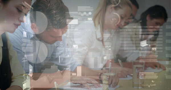 Image of statistics and financial data processing over business people in meeting. global business, connections and data processing concept digitally generated image.