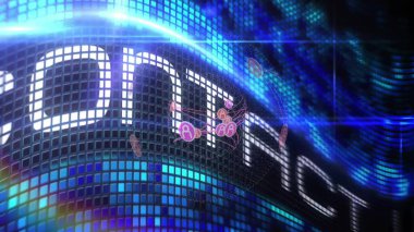 Eğri LED piksel ızgarası düz tasarım teknoloji ağında pembe avatarlarla ConNECT metni görüntülüyor. Fütürist, dijital, neon, soyut, teknoloji, bağlantı, sanal