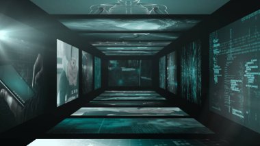 Dijital tünel 3D render teknoloji koridoru, yayın kodu, hologramlar, veri tabloları şeklinde açılıyor. Gelecekçi, yenilikçi, teknoloji, siber güvenlik, dalgın, soyut, dijital