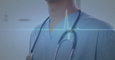 Tıbbi uzman önlük ve steteskop takıyor. Düz tasarımda EKG dalga boyu var. Sağlık, sağlık, tıbbi, mesleki, klinik, tanı, teknoloji