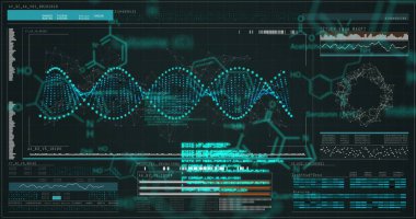 Siyah arkaplan üzerinde DNA, beyin ve bilimsel veri işleme görüntüsü. Bilim, insan biyolojisi, teknoloji ve dijital arayüz kavramı dijital olarak oluşturulmuş görüntü.