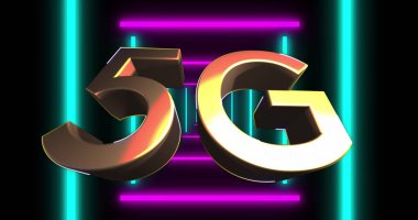 Hareket eden şekillerin üzerinde 5G metin resmi. Retro gelecek ve dijital arayüz konsepti dijital olarak oluşturuldu.