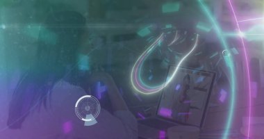 Laptop kullanan beyaz kadın üzerindeki bağlantı ve tünel görüntüsü. küresel bağlantılar, veri işleme ve teknoloji konsepti dijital olarak oluşturulmuş görüntü.