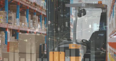 Deponun üzerindeki istatistik ve veri işleme resimleri. küresel taşımacılık, iş ve veri işleme kavramı dijital olarak oluşturulmuş görüntü.