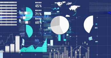 Mavi arkaplanda veri işleme resmi. Küresel teknoloji, bilgisayar ve dijital arayüz kavramı dijital olarak oluşturulmuş görüntü.
