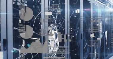 Sunucu odasındaki veri işleme ve bağlantı ağının resmi. Küresel teknoloji, bilgisayar ve dijital arayüz kavramı dijital olarak oluşturulmuş görüntü.