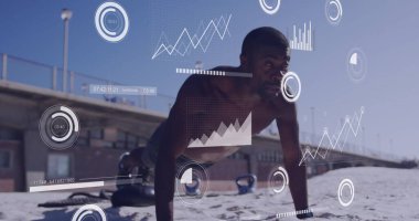 Afrika kökenli Amerikalı bir adamın finansal veri işleme süreci görüntüsü. Küresel bağlantılar, refah, zindelik ve sağlıklı yaşam tarzı konsepti dijital olarak oluşturuldu.