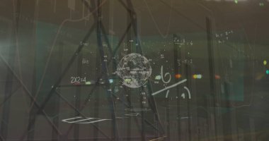 Matematiksel denklemler ve dünya üzerinde işlenen istatistiklerin resmi. küresel iş ve veri işleme kavramı dijital olarak oluşturulmuş görüntü.