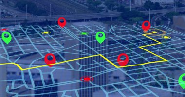 Seyrüsefer haritası şeması üzerindeki navigasyon pimi şehir trafiğinin hava görüntüsüne karşı. gps ve navigasyon kavramı