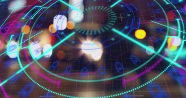 Hedef şehir ışıkları dışında tarama ve veri işleme görüntüsü. küresel veri işleme ve iş konsepti dijital olarak oluşturulmuş görüntü.