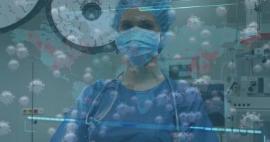 Stetoskop ve koronavirüs grafikleriyle mavi önlüklü kadın doktor. Tıbbi, sağlık, yenilik, teknoloji, klinik, tanı, güvenlik