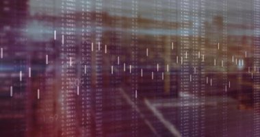 Finansal veriler bulanık sokak sahnesinde akan, pastel şamdanların dans edişini gösteren. Analizler, teknoloji, fütüristik, iş, yenilik, dijital, veri görselleştirmesi