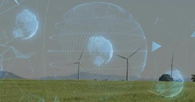 Yenilenebilir enerji, rüzgâr türbinlerinin yer aldığı çimenli ovalarda süzülen holografik küreyi gösteriyor. Sürdürülebilir, teknoloji, çevre, dijital, yenilik, çevre dostu, gelecekçilik