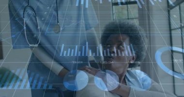 Kadın hemşire klinikte hastanın üzerine eğiliyor, animasyon tıbbi çizelgeler ve grafikler gösteriyor. Sağlık, bakıcı, son sınıf, zindelik, teknoloji, hemşirelik, atmosfer
