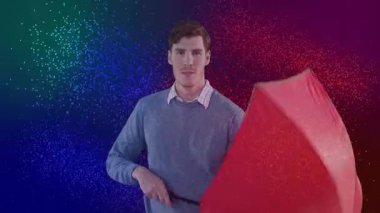 Akıllı adam, kırmızı şemsiye tutuyor, DNA sarmal grafiklerine bakıyor ve biyoteknoloji teması sergiliyor. Teknolojik, geleceksel, yenilikçi, dijital sanat, sağlık, bilim, canlı