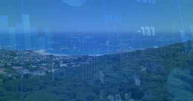 Sahil banliyö manzarası üzerinde yüzen şeffaf telgraf binaları, şebeke verilerini gösteriyor. Kentsel planlama, mimarlık, fütürizm, sürdürülebilirlik, dijital görselleştirme, çevre tasarımı, çevresel etki